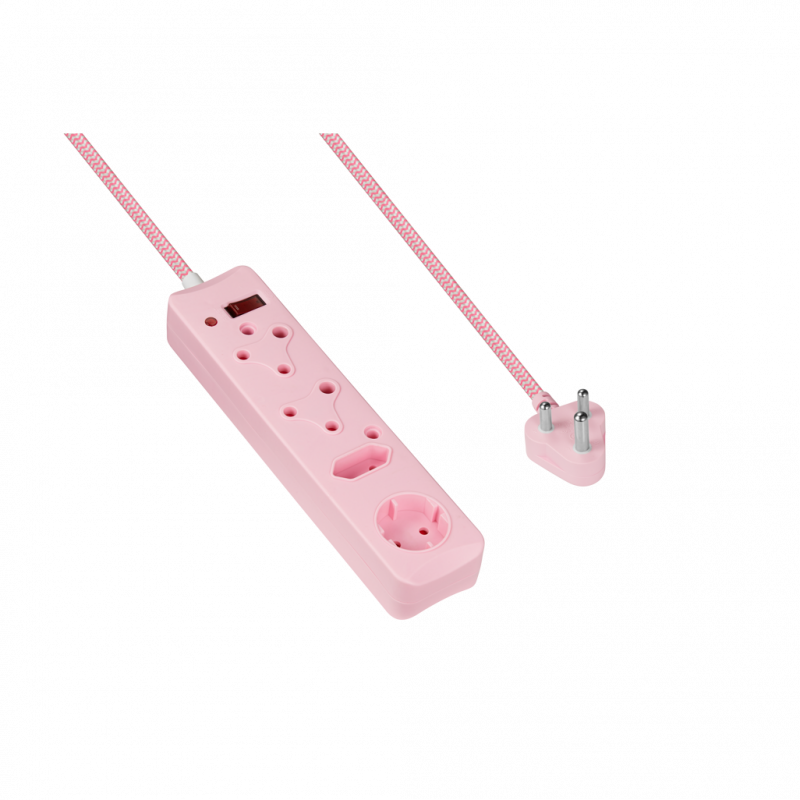 Switched 4-Way Surge Protected Multiplug 3m Braided Cord Pink