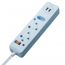 Switched 3-Way Medium Surge Protected Multiplug with Dual 24A USB Ports 0.5m Braided Cord Blue