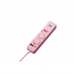 Switched 3-Way Medium Surge Protected Multiplug with Dual 24A USB Ports 0.5m Braided Cord Pink