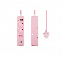 Switched 3-Way Medium Surge Protected Multiplug with Dual 24A USB Ports 0.5m Braided Cord Pink