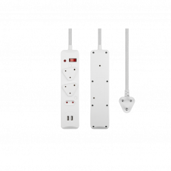 Switched 3-Way Surge Protected Multiplug with Dual 24A USB Ports 3m Braided Cord White